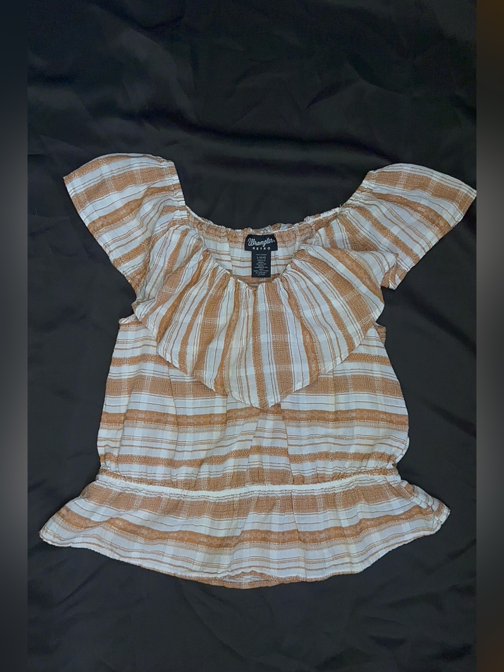 Wrangler Retro Off Shoulder Blouse Women’s Large Tan White Striped Cotton linen